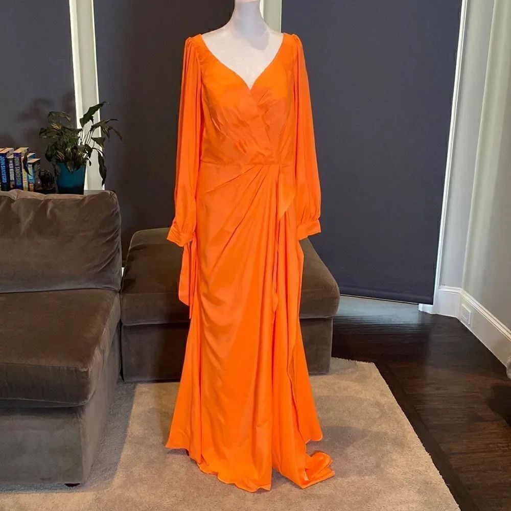 Women’s Orange Full Length Long Sleeve Dress Leg Slit Corset Back Size 14 *READ